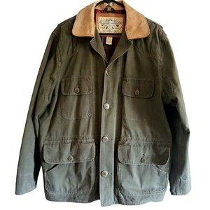 Banana Republic Safari Jacket Vintage Travel Mens Coat Green Sz Leather Trim M